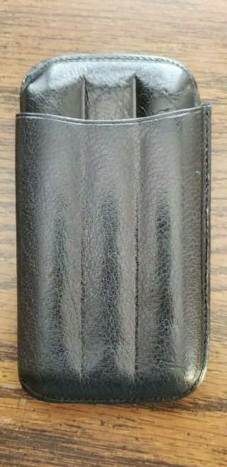 Vintage Small 3 Flute Black Leather Cigar Case Holder Made In Spain