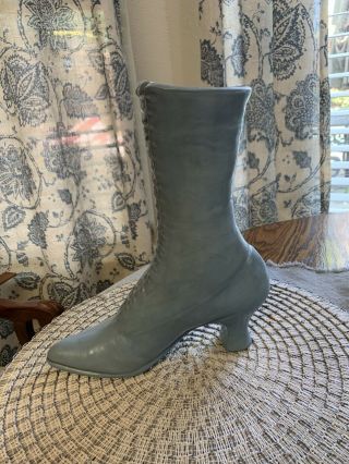 Vintage Large Ceramic Victorian Lace Up Blue Boot Vase/planter 10 " Tall