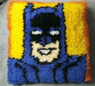Vintage Batman Finished Latch Hook Rug Pillow Completed Blue Yellow 14 X 14