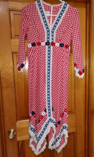 Vintage 1970s Peasant - Style Dress - S/m Red/white -