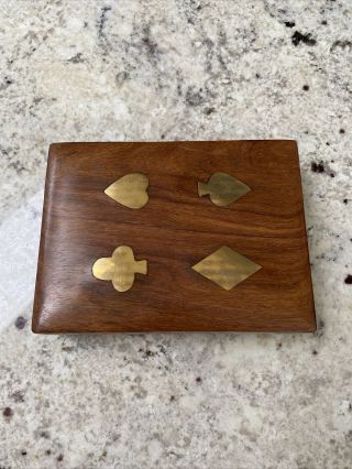 Vintage Wood Playing Card Box Brass Inlay Hinged Lid Includes 2 Decks