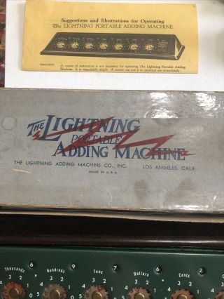 Vintage Lightning Portable Adding Machine Bakelite Base W Stylus,  Box & Instruct