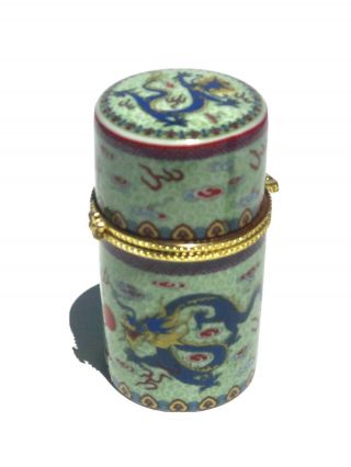 Vintage Chinese Porcelain Trinket Box - Hinged Round Cylinder 3”h X 1 1/2” D