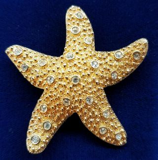 Swan Signed Swarovski Clear Crystal Retired Gold Tone Starfish Brooch Vintage