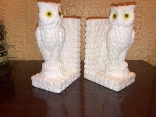 Vintage White Alabaster Owl Bookends Made In Italy