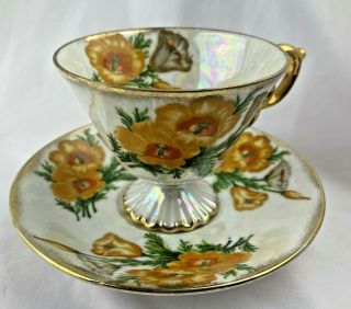 Vintage Vcagco August Poppy Pearl Ceramic Cup And Saucer Poppies W/ Gold Trim