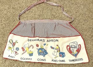 Vintage 1950s Half Apron Red Striped With Pocket And Graphics