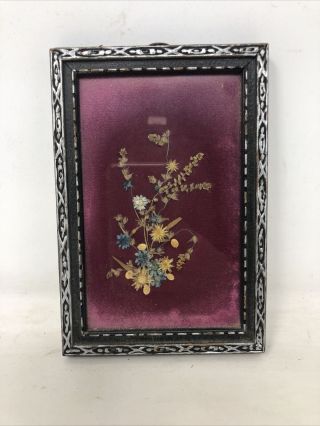 Vintage Framed Dried Flowers Picture Silver Frame 6.  5” X 4.  5” Boho 1960s