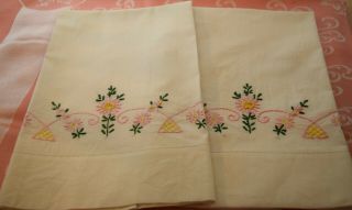 Vintage Pair White Cotton Pillowcases W/embroidered Pink Flowers,  31 " L X 21 " W