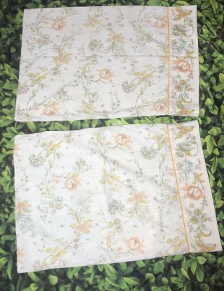 Vintage Pair Dan River Dantrel Pillowcases Standard Floral Neutral Muslin Retro