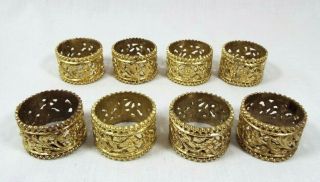 Vintage Ornate Set Of 8 Solid Brass Filigree Floral Cut - Out Design Napkin Rings