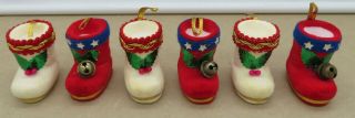 Set Of 6 Vintage Japan Red Cream Flocked Santa Christmas Boot Ornaments