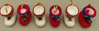 Set of 6 Vintage Japan Red Cream Flocked Santa Christmas Boot Ornaments 2