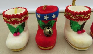 Set of 6 Vintage Japan Red Cream Flocked Santa Christmas Boot Ornaments 3