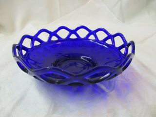 Vintage Imperial Art Glass Cobalt Blue Bowl Lace Rim Button & Cane