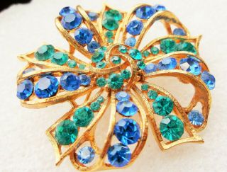 Vintage Signed M Jent Blue Green Rhinestone Ribbon Flower Brooch