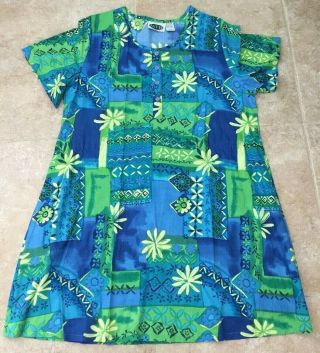 Vintage Ladies Hawaiian Print Muu Muu Dress Tropical Print Green Rayon Size L