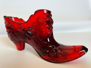 Vintage Fenton Art Glass Ruby Red Cabbage Rose Hallmarked Shoe Slipper