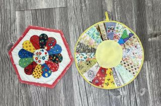 Vintage Handmade Quilted Fabric Pot Holder Trivets Hot Pad (2)