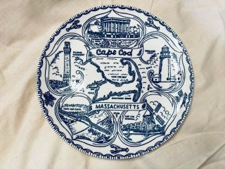 Vintage Cape Cod Massachusetts Souvenir Plate Blue On White 9.  5 "