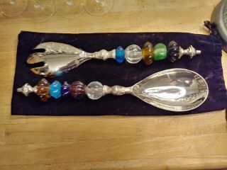 Vintage Fancy Salad Fork And Spoon Set - Jewel & Silver Tone Beads - - Exotic