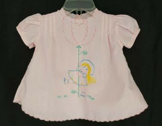 Vintage Hand Embroidered Pink Cotton Diaper Shirt Dress Size 0 - 12 Months