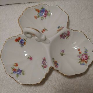 Antique Porcelain Handle Candy Nut Dish 3 Divided Attached Serving Portions 7 "