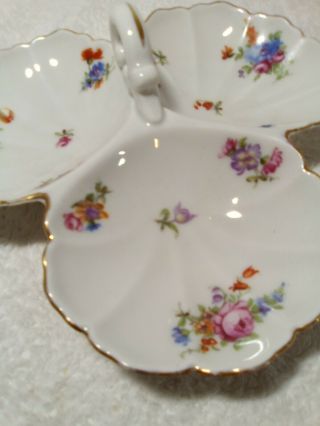 Antique Porcelain Handle Candy Nut Dish 3 Divided Attached Serving Portions 7 