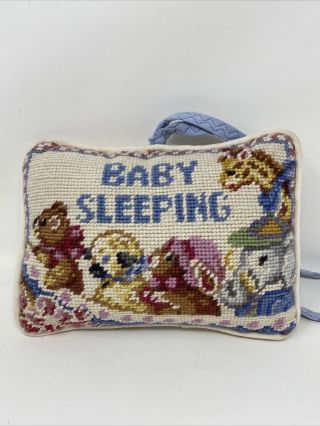 Vintage Needlepoint Baby Sleeping Door Hanger Pillow Shaped Nursery Decor