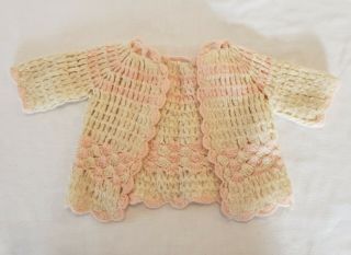 Antique Vintage Hand Crochet Pink Cream Wool Sweater Jacket Baby Doll Clothing