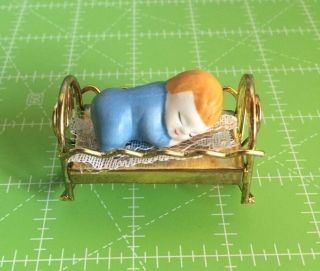 Vintage Brass Dollhouse Miniature Baby Cradle With Porcelain Doll