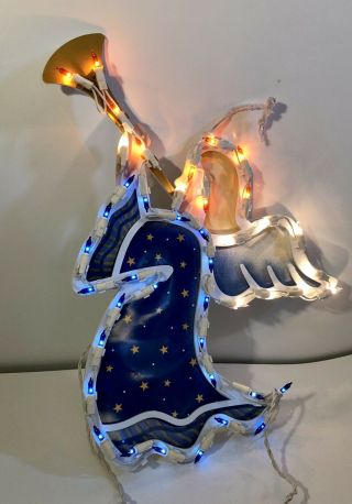 Vintage Lighted Angel W/ Horn Window Silhouette Blue Gold Stars Christmas