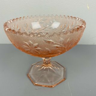 Vintage Pink Depression Glass Compote Candy Dish Saw Tooth Edge Flowers