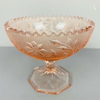 Vintage Pink Depression Glass Compote Candy Dish Saw Tooth Edge Flowers 2
