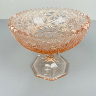 Vintage Pink Depression Glass Compote Candy Dish Saw Tooth Edge Flowers 3