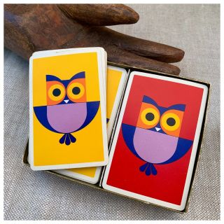 Vintage Fournier Double Deck Of Playing Cards Owls Mid Century Modern Art 1960s