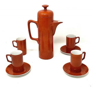 Vintage Ceramic Tea Party Set Orange With Pitcher 4 Cups 2 Saucers For