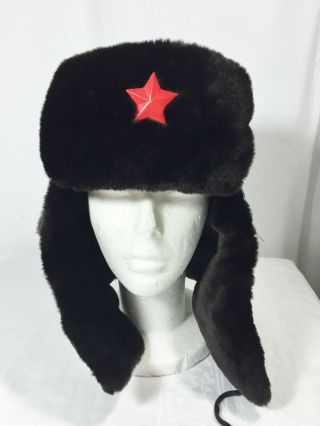 Vintage Faux Fur Russian Green Army Ushanka Winter Hat Red Star