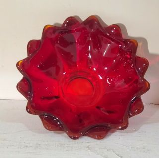 Vtg.  Mid Century Art Glass Viking Amberina Red Epic Double Crimped Candy Bowl