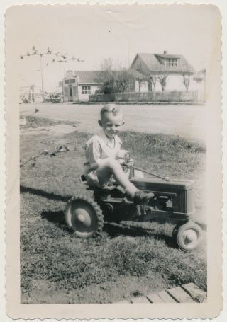 Little Farm Boy Riding John Deere Toy Tractor Pedal Car Vtg 1950s Snapshot Photo