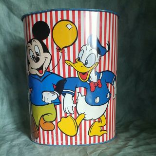 Vintage Cheinco Tin Litho Mickey & Minnie Mouse Goofy Disney Trash Can Usa