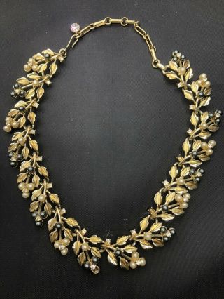 Vintage Signed Coro Gold Leaf White And Grey Pearl Necklace With Rhinestones