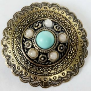 Assortment Of 5 Vintage Brooches - Turquoise Glass,  Faux Pearls - Gold,  Silver &