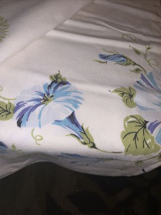 Vintage Mid Century Cotton Print Tablecloth Blue Morning Glory Vines 43”x60”