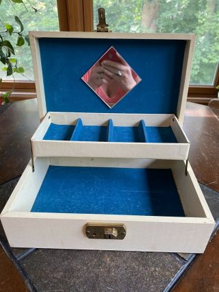 Vintage 1950s 2 Tier Fold Out Jewelry Box Cream & Gold Trim Blue Velvet Mirror