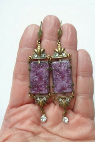 Vintage Molded Purple Glass Morning Glory Flower Rhinestone Dangle Earrings