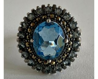 Vintage Art Deco Sterling Silver Blue Topaz And Marcasite Ring,  8