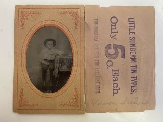 Antique Little Sunbeam Tintype Photo Boy Child Seated Kid Wearing Cowboy Hat