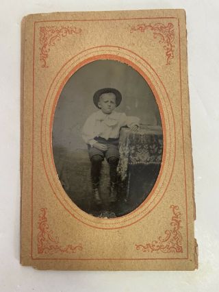 Antique Little Sunbeam Tintype Photo Boy Child Seated Kid Wearing Cowboy Hat 3