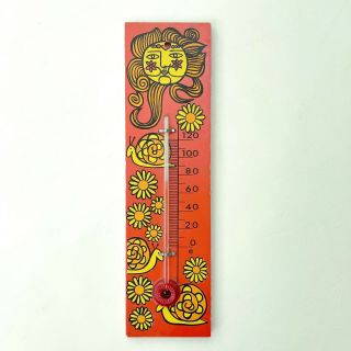 Vintage 1970s Mid Century Modern Groovy Mod Wall Thermometer Sun Snails Flowers